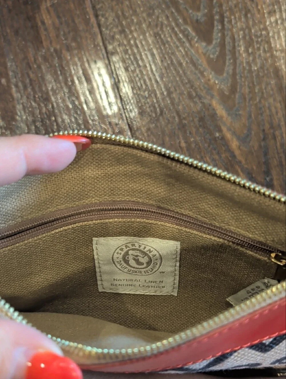 Spartina 449 Beige Canvas Wallet with Black Graphic Print and Red Trim